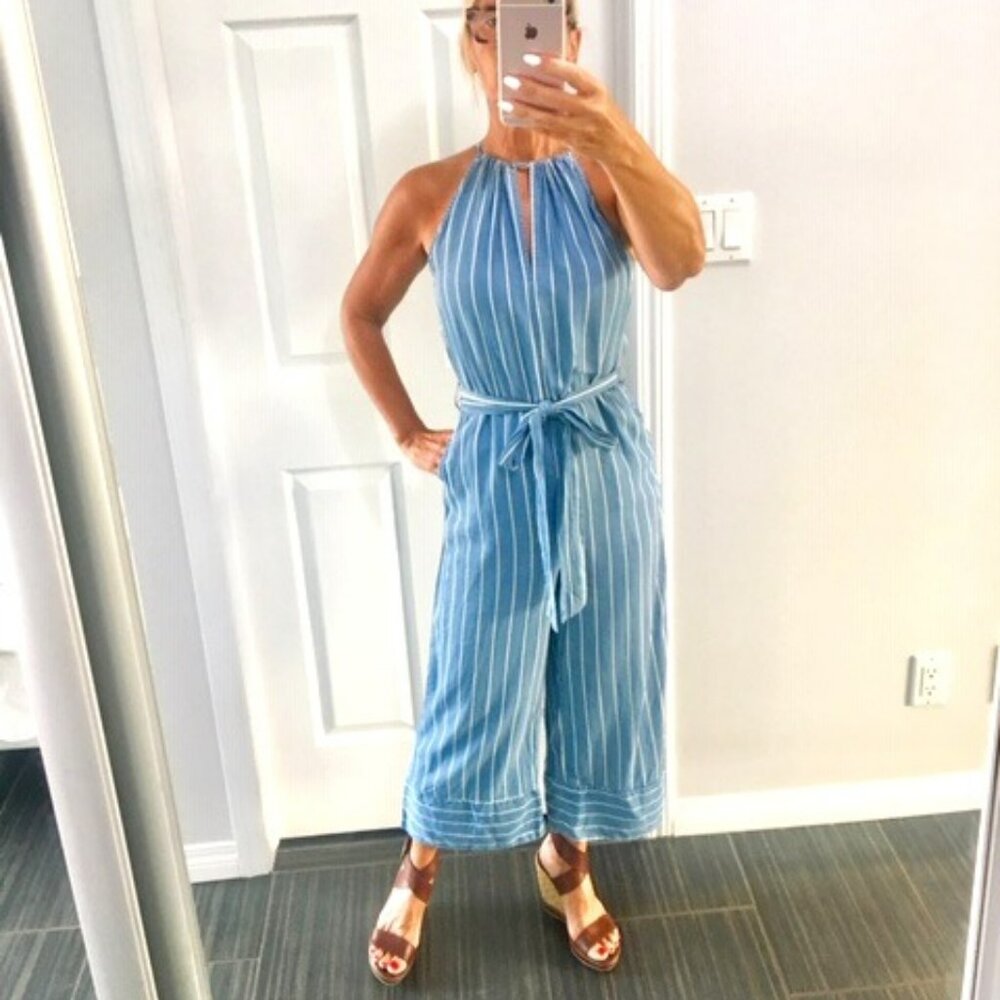FATE tencel blue/white striped jumpsuit with tie up halter neck size small